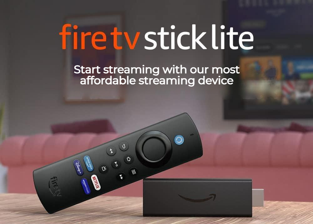 Amazon Fire stick lite device infographic file showing English text which says "Start streaming with out most affordable device"