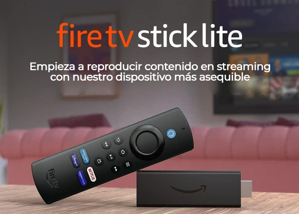 Amazon Fire stick lite device infographic file showing Spanish text which says "Empieza a reproducir contenido en streaming con nuestro dispositivo más asequible"