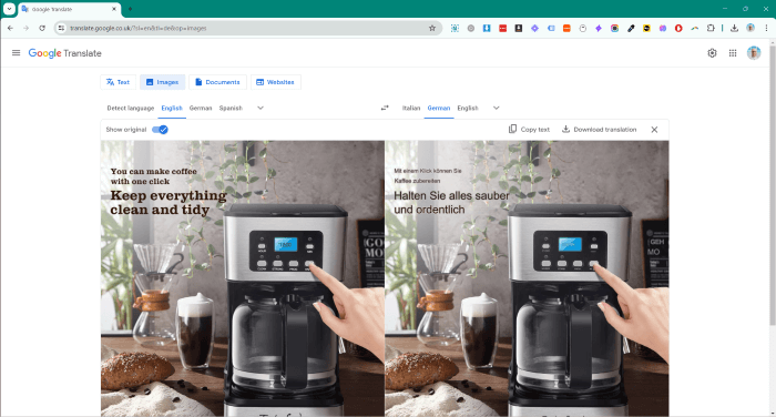 Screenshot of google image translate in use to translate an image into German